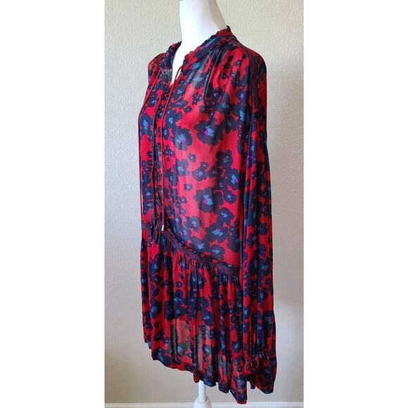 Free People Love Letter Tunic Mini Dress XS Sheer Balloon Sleeves Lace Boho Red - Picture 8 of 11